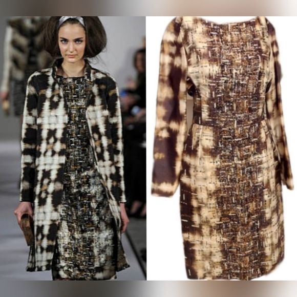 *$4,300 OSCAR DE LA RENTA GOLDEN BROWN SILK WOOL EXC BEAD EMBROI RUNWAY DRESS 10 - Picture 1 of 16